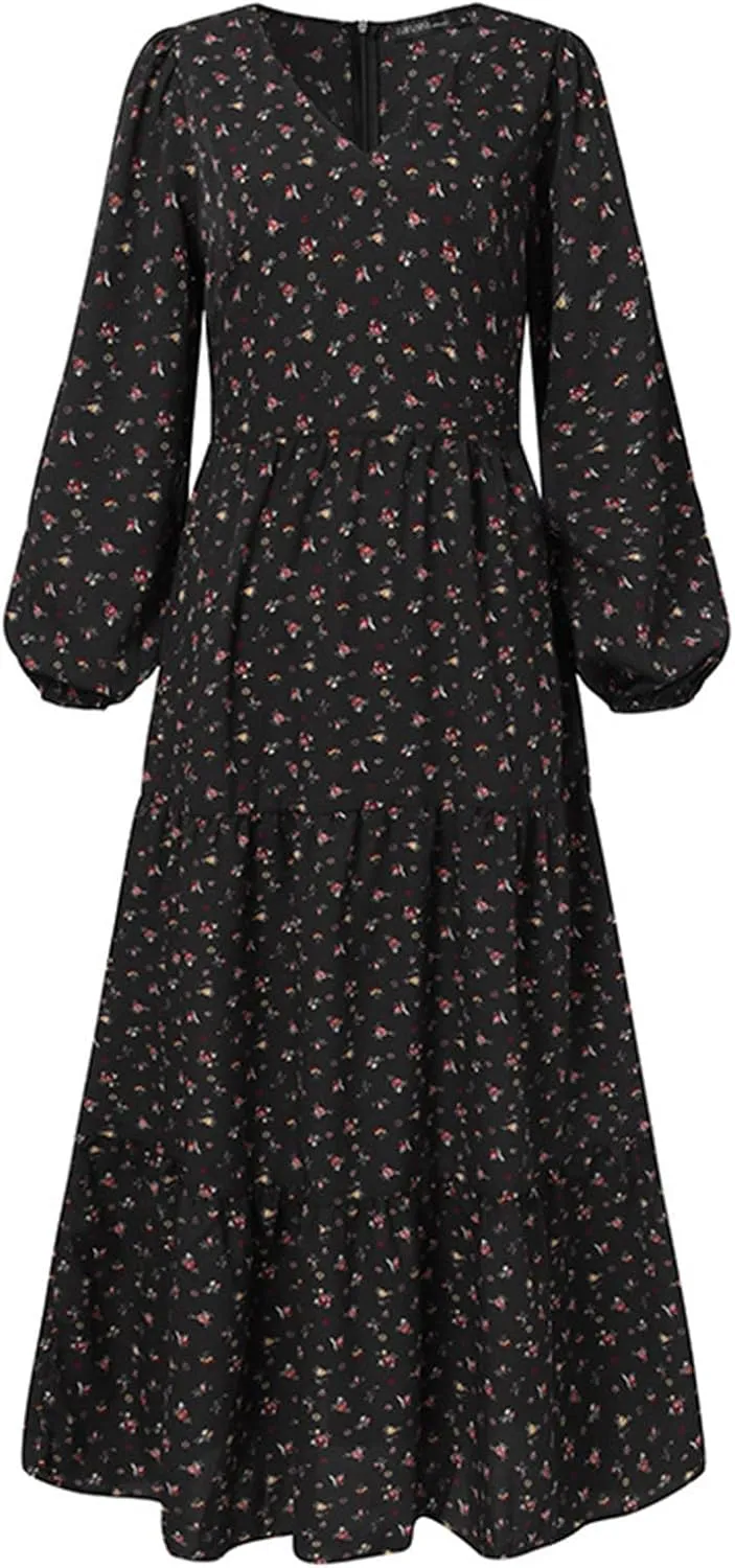 tuduoms Summer Boho Dress for Women Plus Size Smocked V-neck Dress Lantern Sleeve Floral Flared Flowy Chiffon Maxi Dress