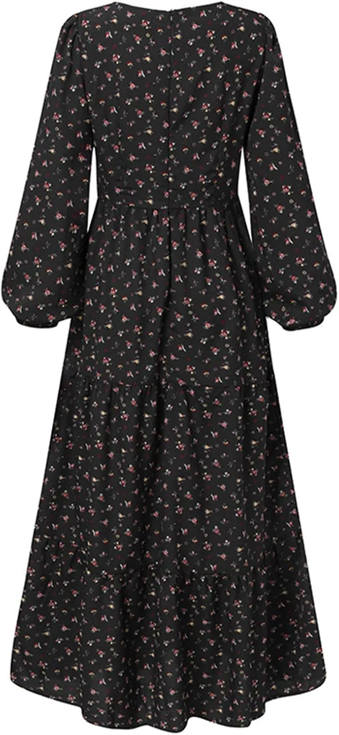 tuduoms Summer Boho Dress for Women Plus Size Smocked V-neck Dress Lantern Sleeve Floral Flared Flowy Chiffon Maxi Dress