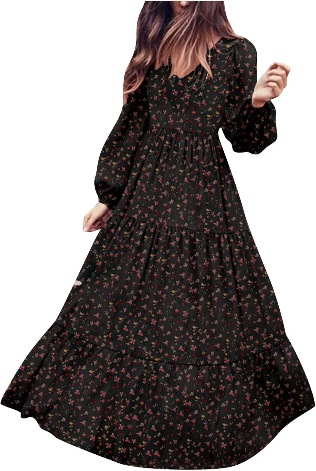 tuduoms Summer Boho Dress for Women Plus Size Smocked V-neck Dress Lantern Sleeve Floral Flared Flowy Chiffon Maxi Dress