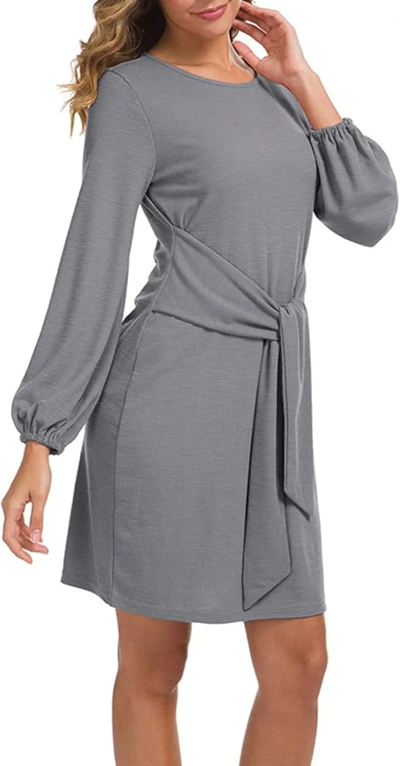 tuduoms Women's Loose Tunic Dress Casual Front Tie Long Puff Sleeve Crew Neck Solid Bandage Elegant Party Shift Dresses