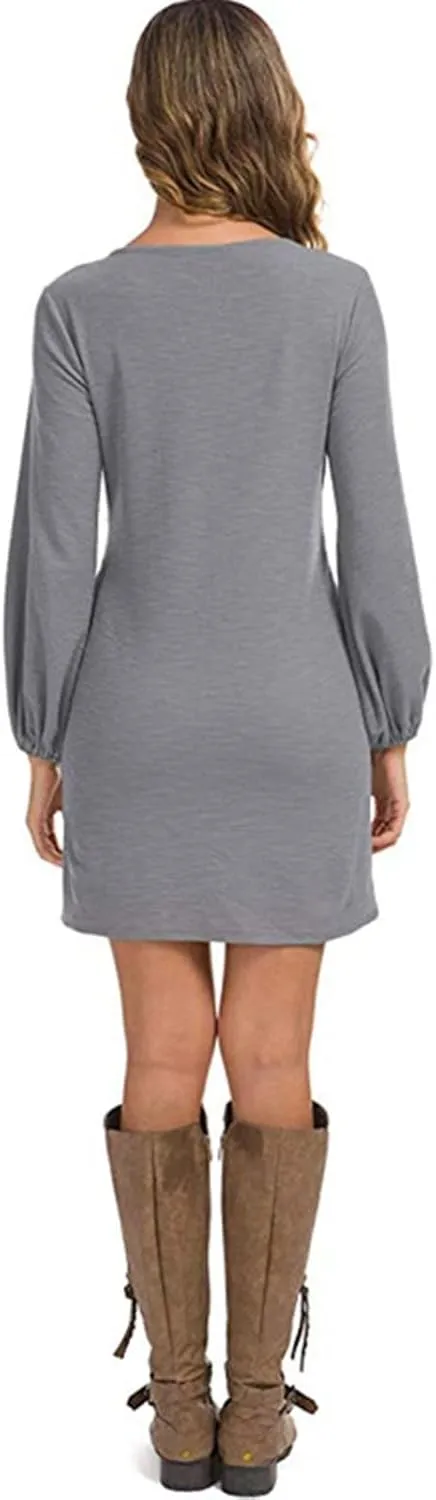 tuduoms Women's Loose Tunic Dress Casual Front Tie Long Puff Sleeve Crew Neck Solid Bandage Elegant Party Shift Dresses