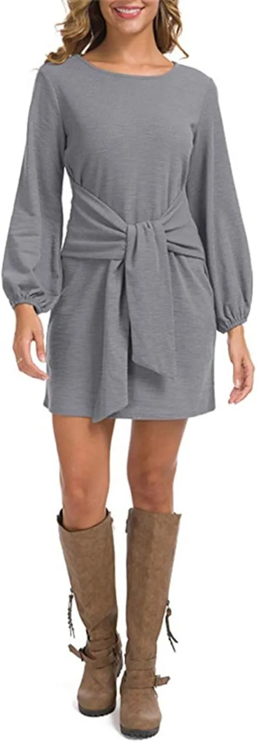 tuduoms Women's Loose Tunic Dress Casual Front Tie Long Puff Sleeve Crew Neck Solid Bandage Elegant Party Shift Dresses