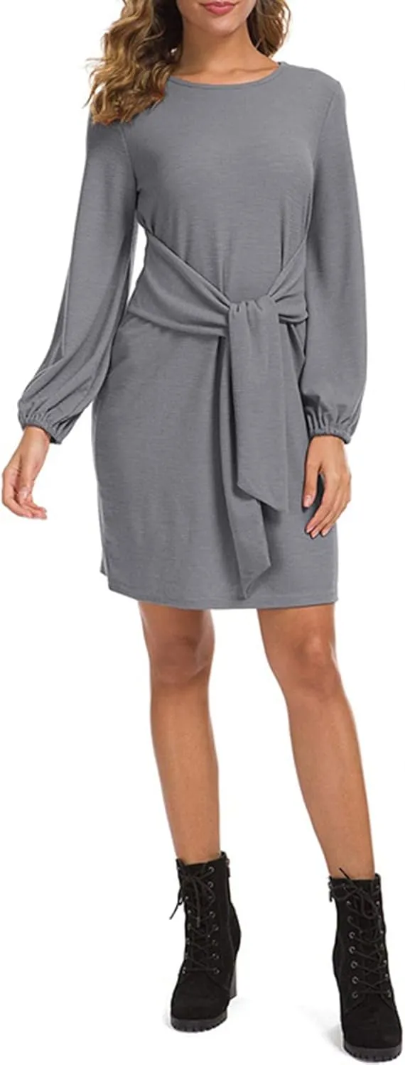tuduoms Women's Loose Tunic Dress Casual Front Tie Long Puff Sleeve Crew Neck Solid Bandage Elegant Party Shift Dresses