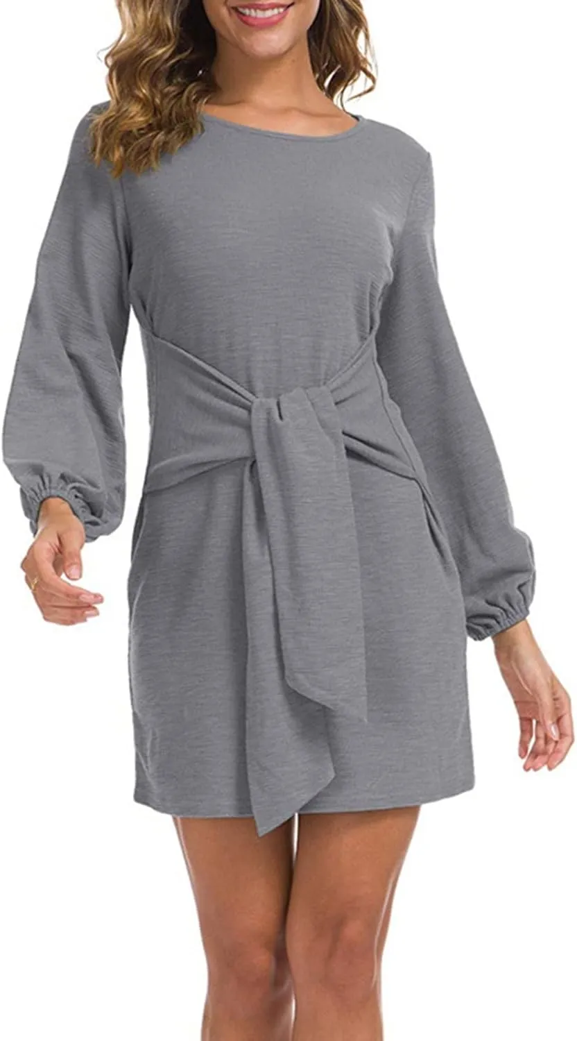 tuduoms Women's Loose Tunic Dress Casual Front Tie Long Puff Sleeve Crew Neck Solid Bandage Elegant Party Shift Dresses