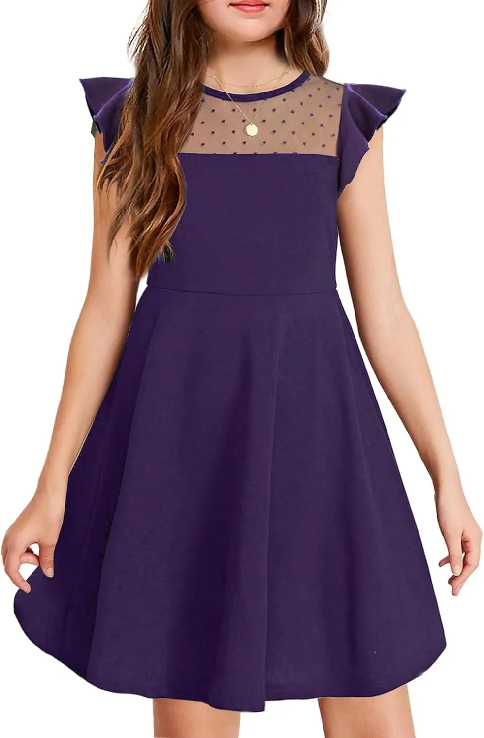 Tween Girl Summer Party Dress Flutter Sleeve A Line Mesh Formal Dress Cute Kids Wedding Dresses 3-12 Years