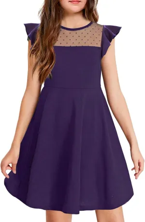 Tween Girl Summer Party Dress Flutter Sleeve A Line Mesh Formal Dress Cute Kids Wedding Dresses 3-12 Years