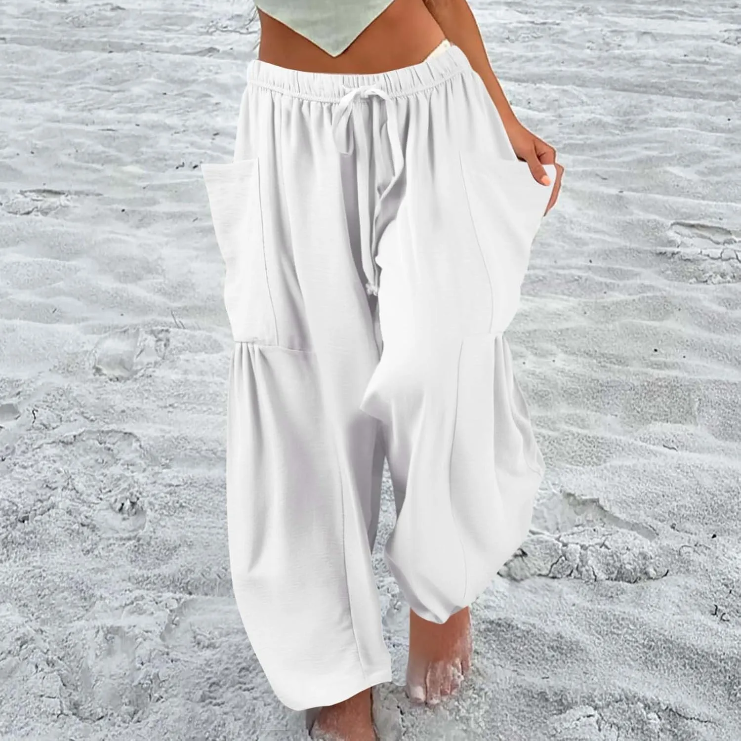 TWGONE Women's Palazzo Pants Wide Leg Loose High Waist Flowy Lounge Pants Beach Drawstring Slacks with Pockets