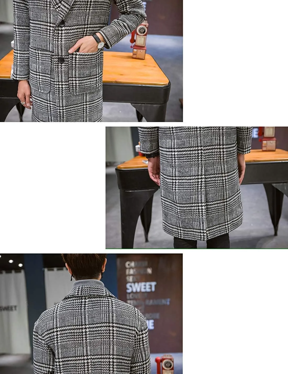 UANEO Mens Winter Trench Coat Notched Collar Single Breasted Plaid Mid Long Peacoat Overcoats with Pockets