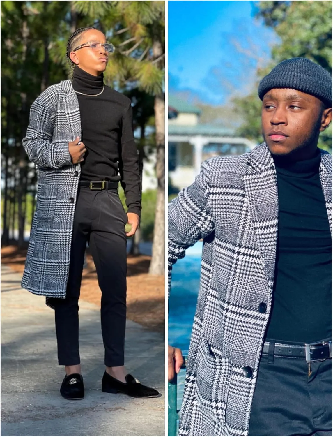UANEO Mens Winter Trench Coat Notched Collar Single Breasted Plaid Mid Long Peacoat Overcoats with Pockets