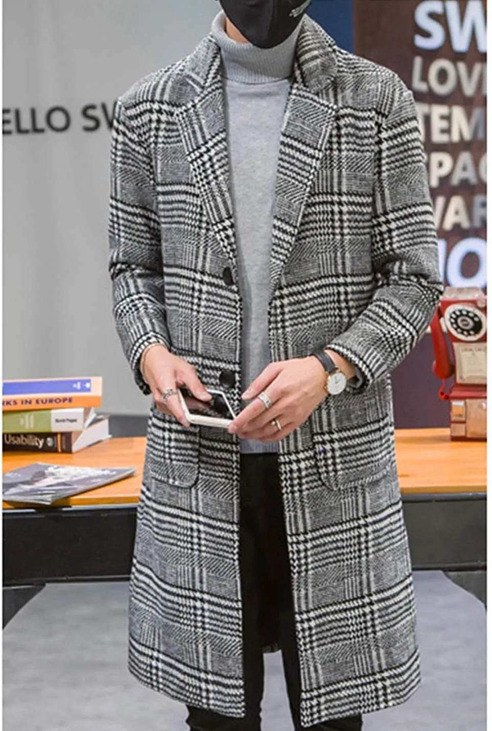 UANEO Mens Winter Trench Coat Notched Collar Single Breasted Plaid Mid Long Peacoat Overcoats with Pockets