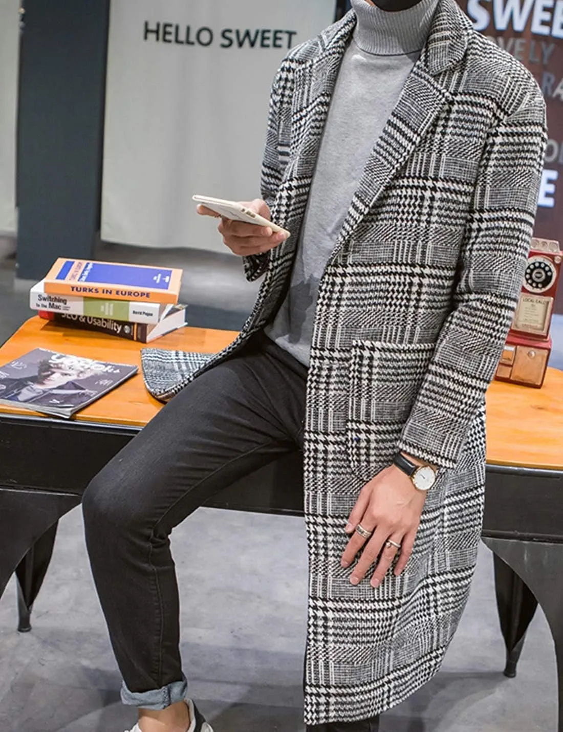 UANEO Mens Winter Trench Coat Notched Collar Single Breasted Plaid Mid Long Peacoat Overcoats with Pockets