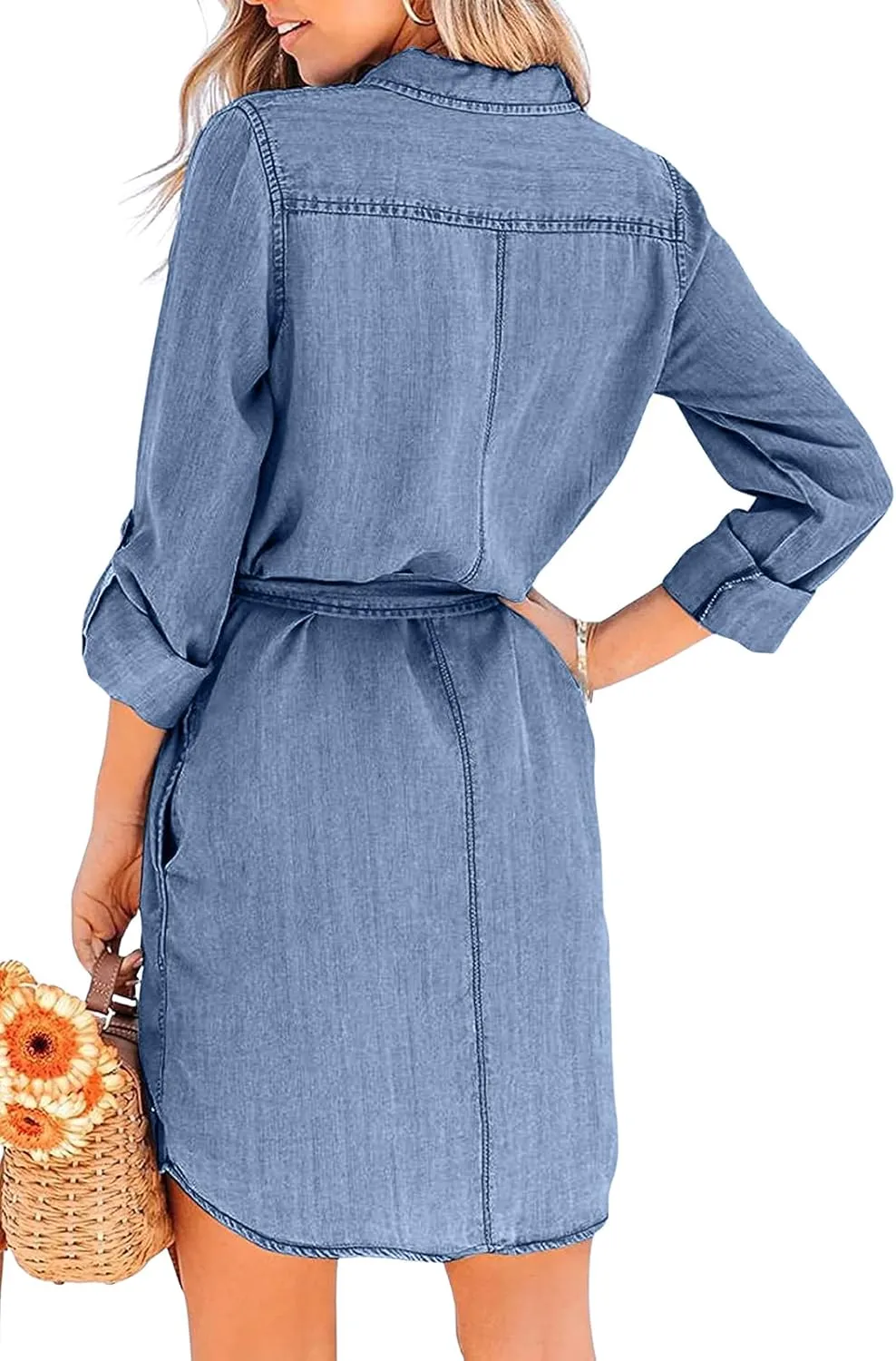 utcoco Women's Casual Button Down Jean Shirt Dress Long Sleeve Tie Waist Lightweight Denim Shirt Dress