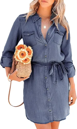 utcoco Women's Casual Button Down Jean Shirt Dress Long Sleeve Tie Waist Lightweight Denim Shirt Dress