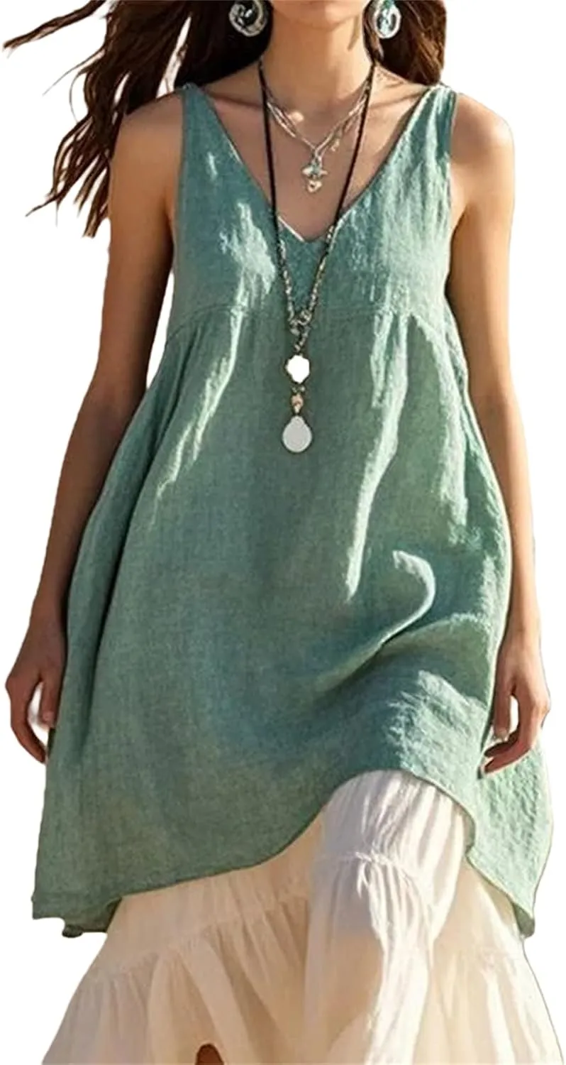 V Neck Dress for Women Casual Summer Dresses Cotton Linen A-line Dress Sleeveless Flare Long Beach Sundress Comfy
