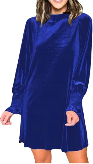 Velvet Dress for Women Long Sleeve Crewneck Shift Short Dress Solid Color Party Short Dress Loose Fit Semi Dress 2024
