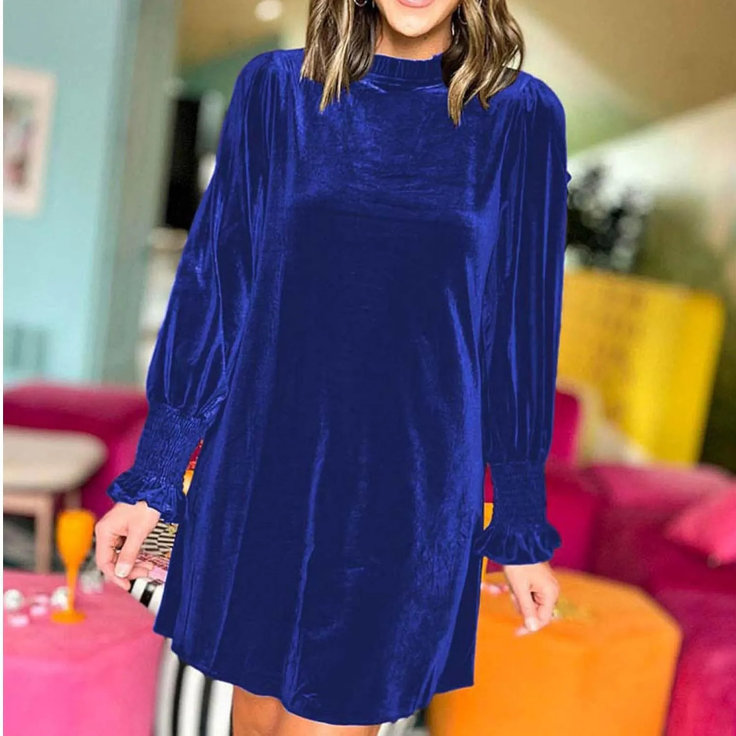 Velvet Dress for Women Long Sleeve Crewneck Shift Short Dress Solid Color Party Short Dress Loose Fit Semi Dress 2024