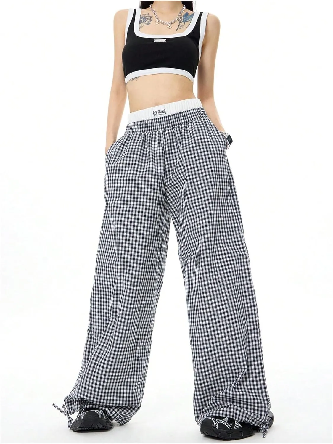 Verdusa Women's Striped Wide Leg Elastic High Waisted Casual Pants with Pockets