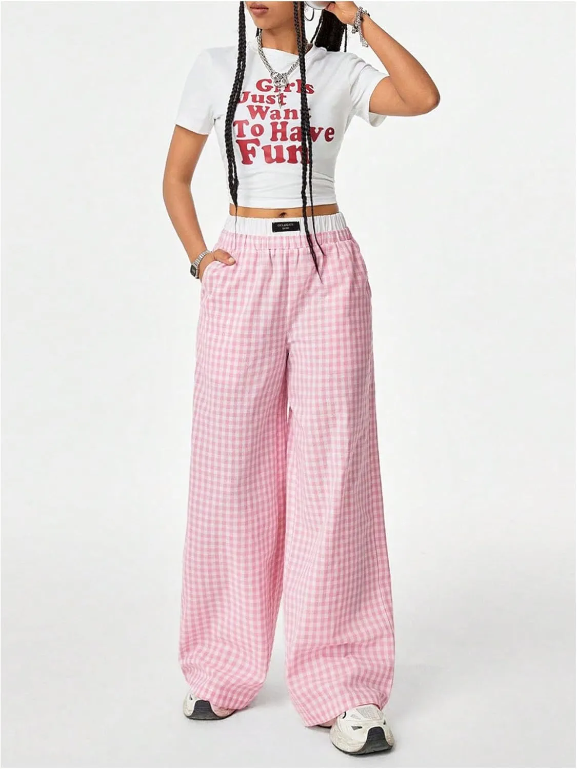 Verdusa Women's Striped Wide Leg Elastic High Waisted Casual Pants with Pockets