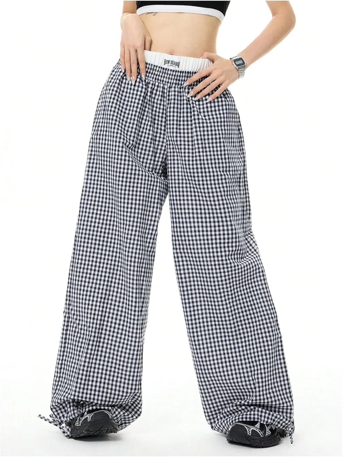 Verdusa Women's Striped Wide Leg Elastic High Waisted Casual Pants with Pockets
