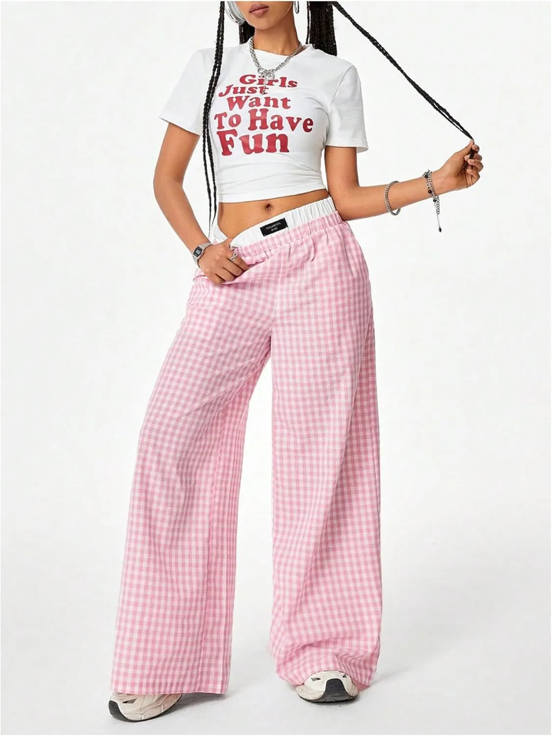 Verdusa Women's Striped Wide Leg Elastic High Waisted Casual Pants with Pockets