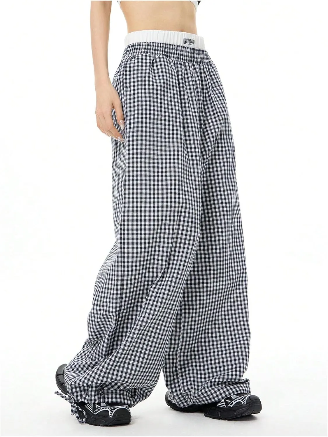 Verdusa Women's Striped Wide Leg Elastic High Waisted Casual Pants with Pockets