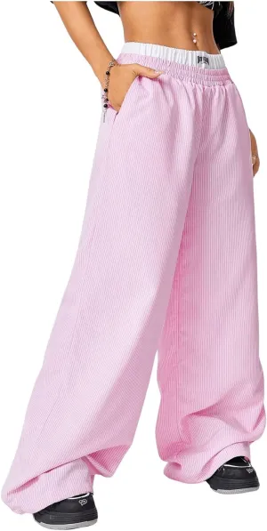 Verdusa Women's Striped Wide Leg Elastic High Waisted Casual Pants with Pockets