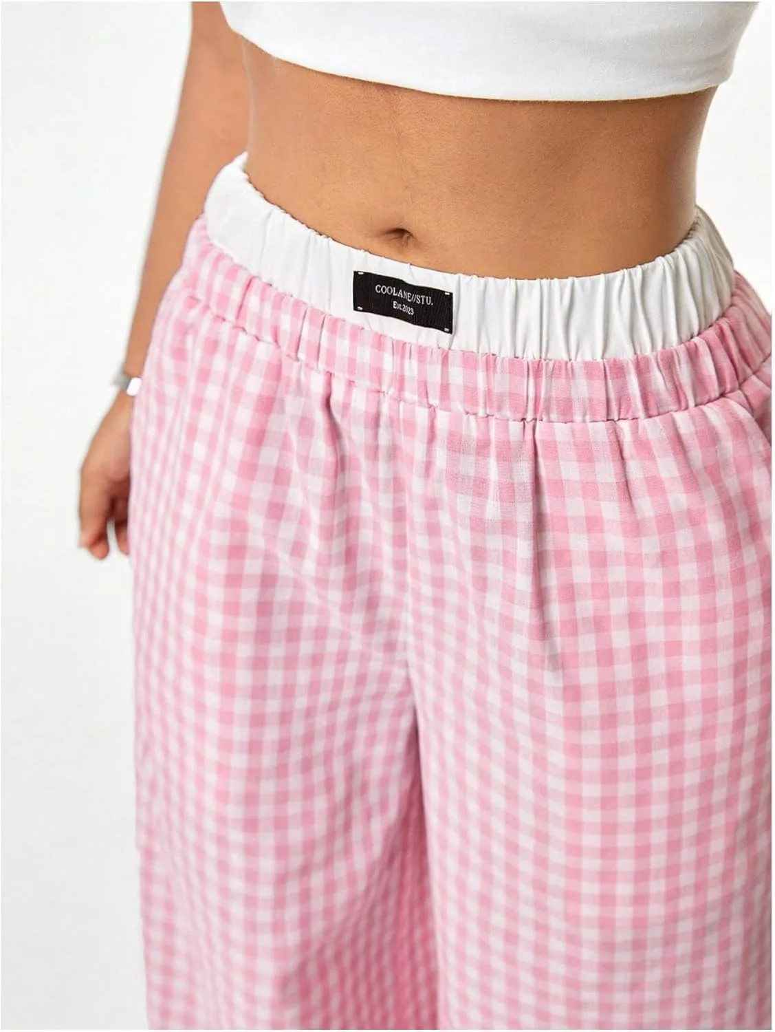 Verdusa Women's Striped Wide Leg Elastic High Waisted Casual Pants with Pockets
