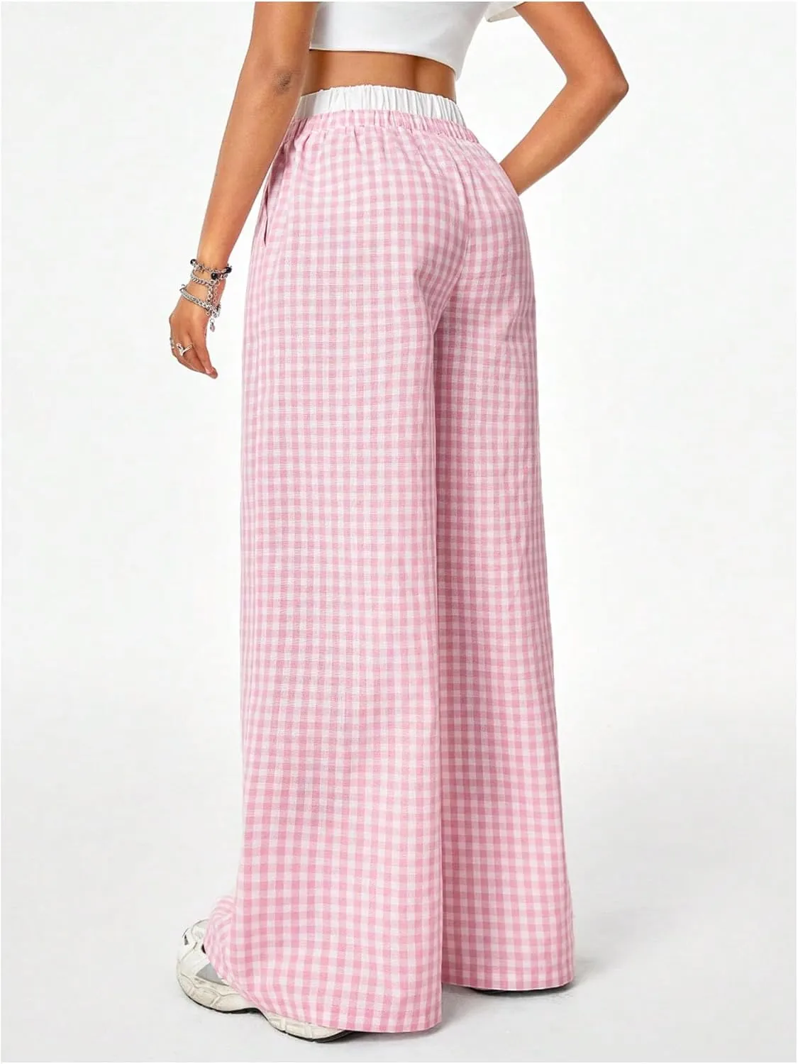 Verdusa Women's Striped Wide Leg Elastic High Waisted Casual Pants with Pockets