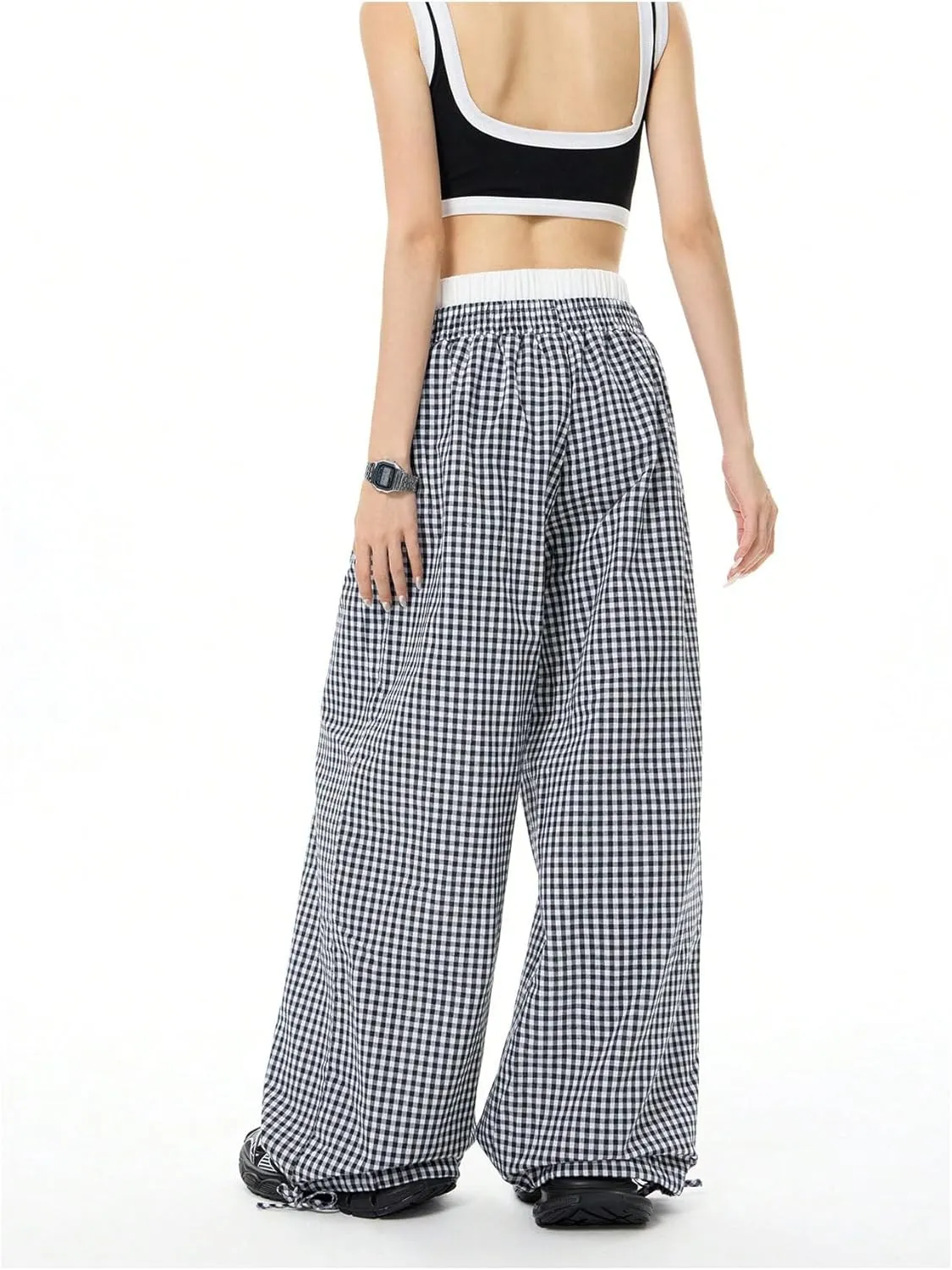 Verdusa Women's Striped Wide Leg Elastic High Waisted Casual Pants with Pockets
