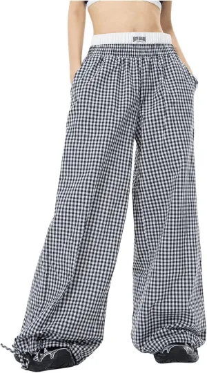 Verdusa Women's Striped Wide Leg Elastic High Waisted Casual Pants with Pockets