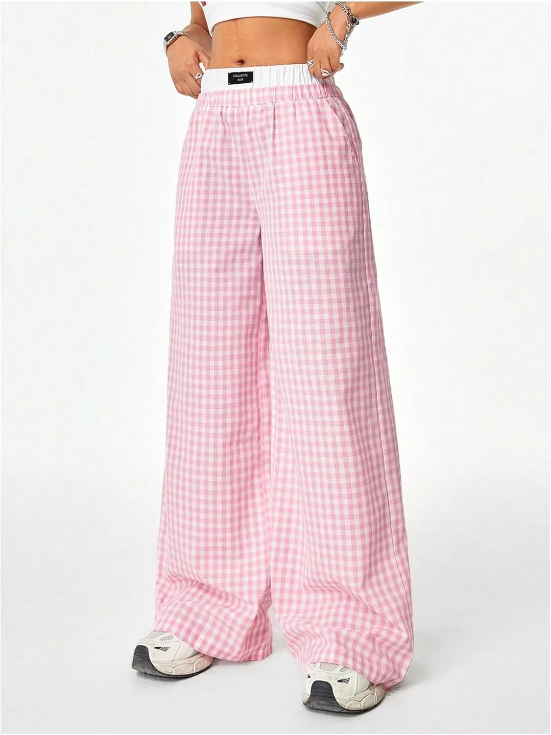 Verdusa Women's Striped Wide Leg Elastic High Waisted Casual Pants with Pockets