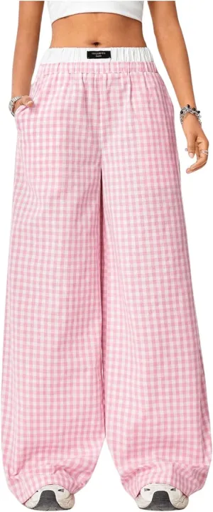 Verdusa Women's Striped Wide Leg Elastic High Waisted Casual Pants with Pockets