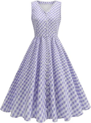 Vintage Dresses for Women Sleeveless V Neck Pleated Dress Midi Dress A Line Flowy Retro Short Dress