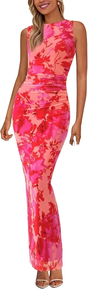 Wedding Guest Dresses for Women 2025 Summer Sexy Floral Bodycon Sleeveless Maxi Long Dress Party Cocktail Dress