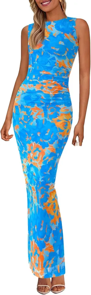 Wedding Guest Dresses for Women 2025 Summer Sexy Floral Bodycon Sleeveless Maxi Long Dress Party Cocktail Dress