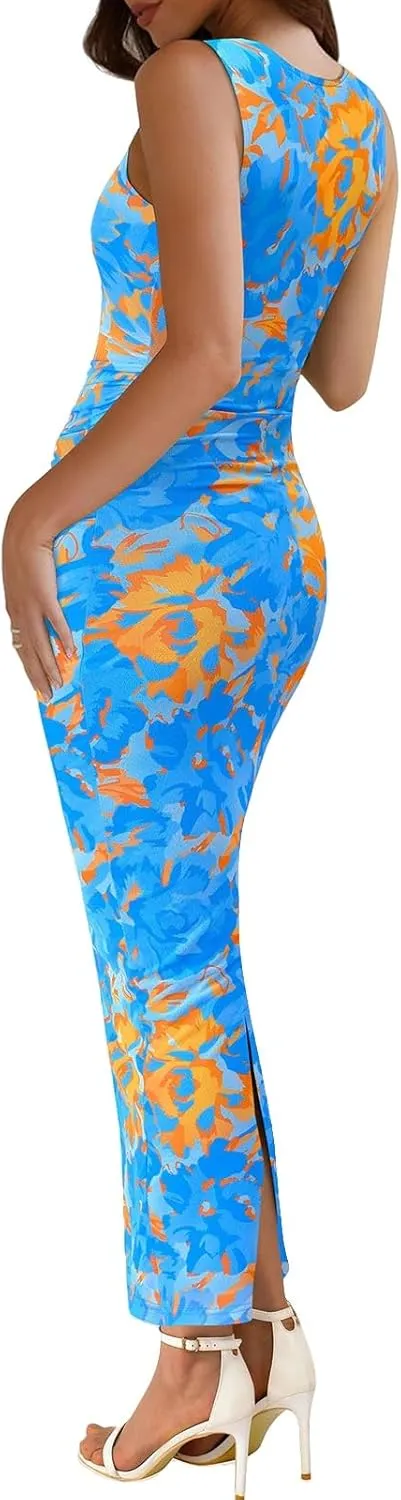 Wedding Guest Dresses for Women 2025 Summer Sexy Floral Bodycon Sleeveless Maxi Long Dress Party Cocktail Dress