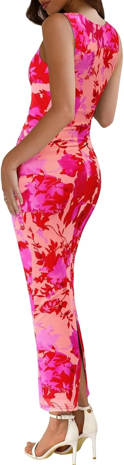 Wedding Guest Dresses for Women 2025 Summer Sexy Floral Bodycon Sleeveless Maxi Long Dress Party Cocktail Dress