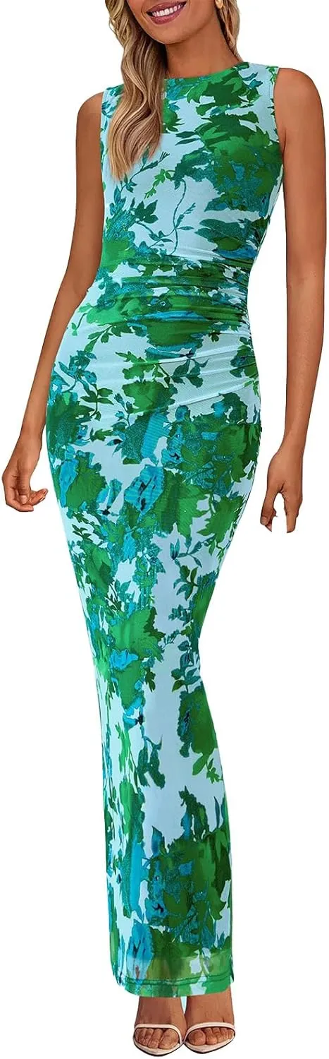 Wedding Guest Dresses for Women 2025 Summer Sexy Floral Bodycon Sleeveless Maxi Long Dress Party Cocktail Dress