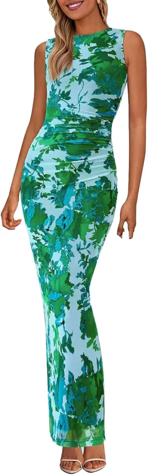 Wedding Guest Dresses for Women 2025 Summer Sexy Floral Bodycon Sleeveless Maxi Long Dress Party Cocktail Dress