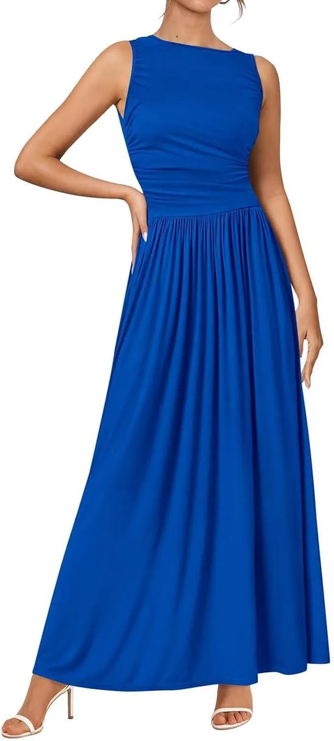 Wedding Guest Dresses for Women A Line Dresses Sleeveless Crewneck High Waist Flowy Ruffle Hem Swing Dress 2025
