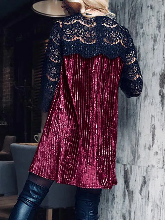 Wholesale Round Neck 3/4 Length Sleeve Lace Pleated Casual Dresses