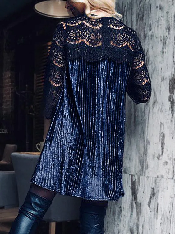 Wholesale Round Neck 3/4 Length Sleeve Lace Pleated Casual Dresses