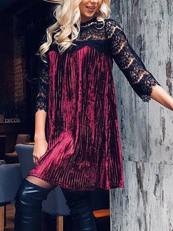 Wholesale Round Neck 3/4 Length Sleeve Lace Pleated Casual Dresses