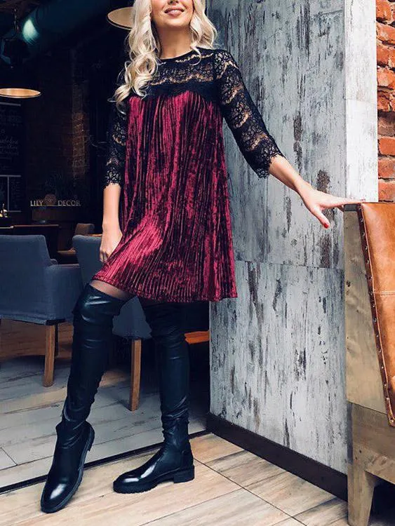 Wholesale Round Neck 3/4 Length Sleeve Lace Pleated Casual Dresses