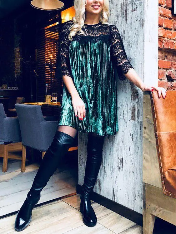 Wholesale Round Neck 3/4 Length Sleeve Lace Pleated Casual Dresses