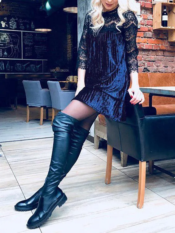 Wholesale Round Neck 3/4 Length Sleeve Lace Pleated Casual Dresses