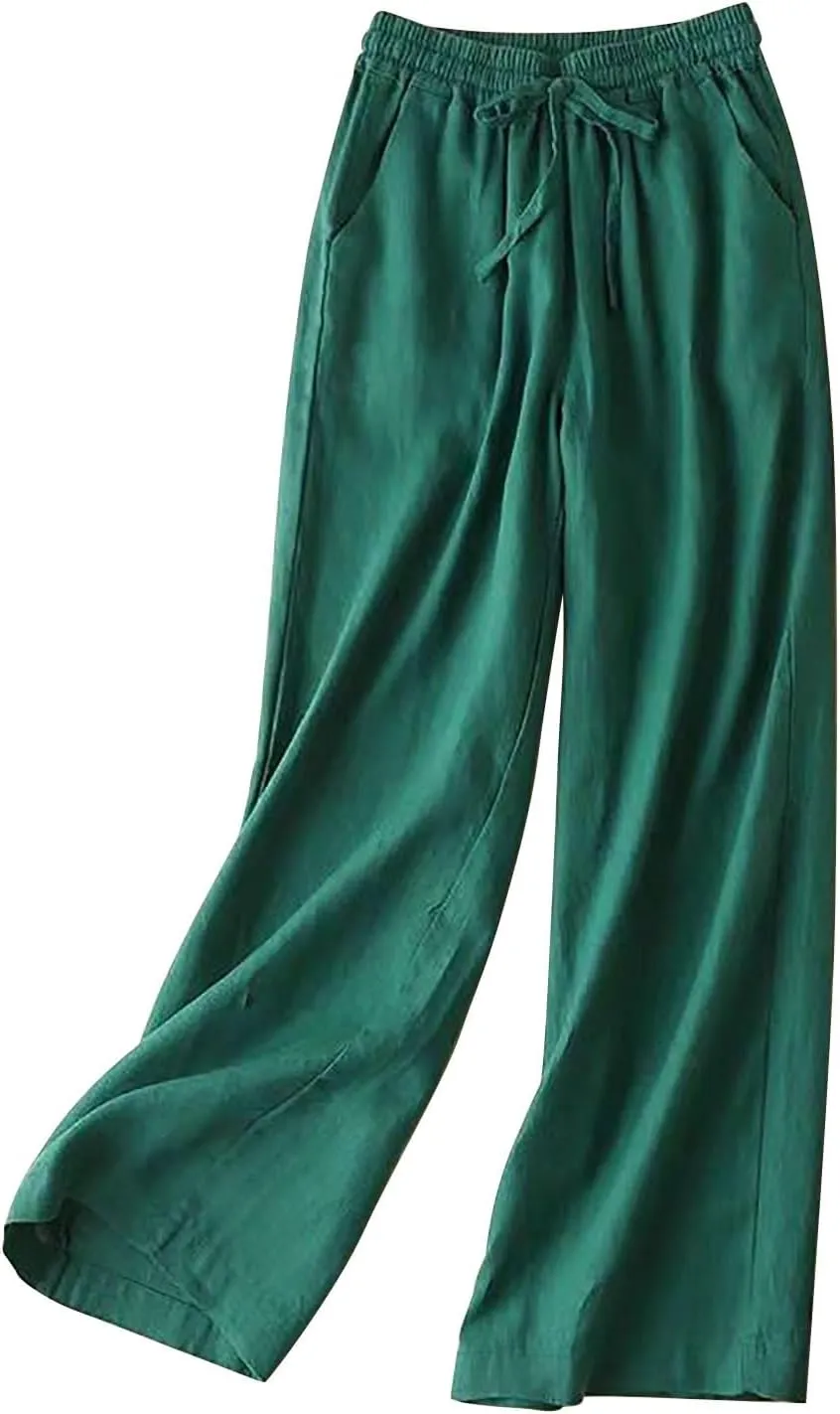 Wide Leg Linen Pants for Women Casual Drawstring Elastic Waisted Palazzo Pants Flowy Summer Beach Trousers with Pockets