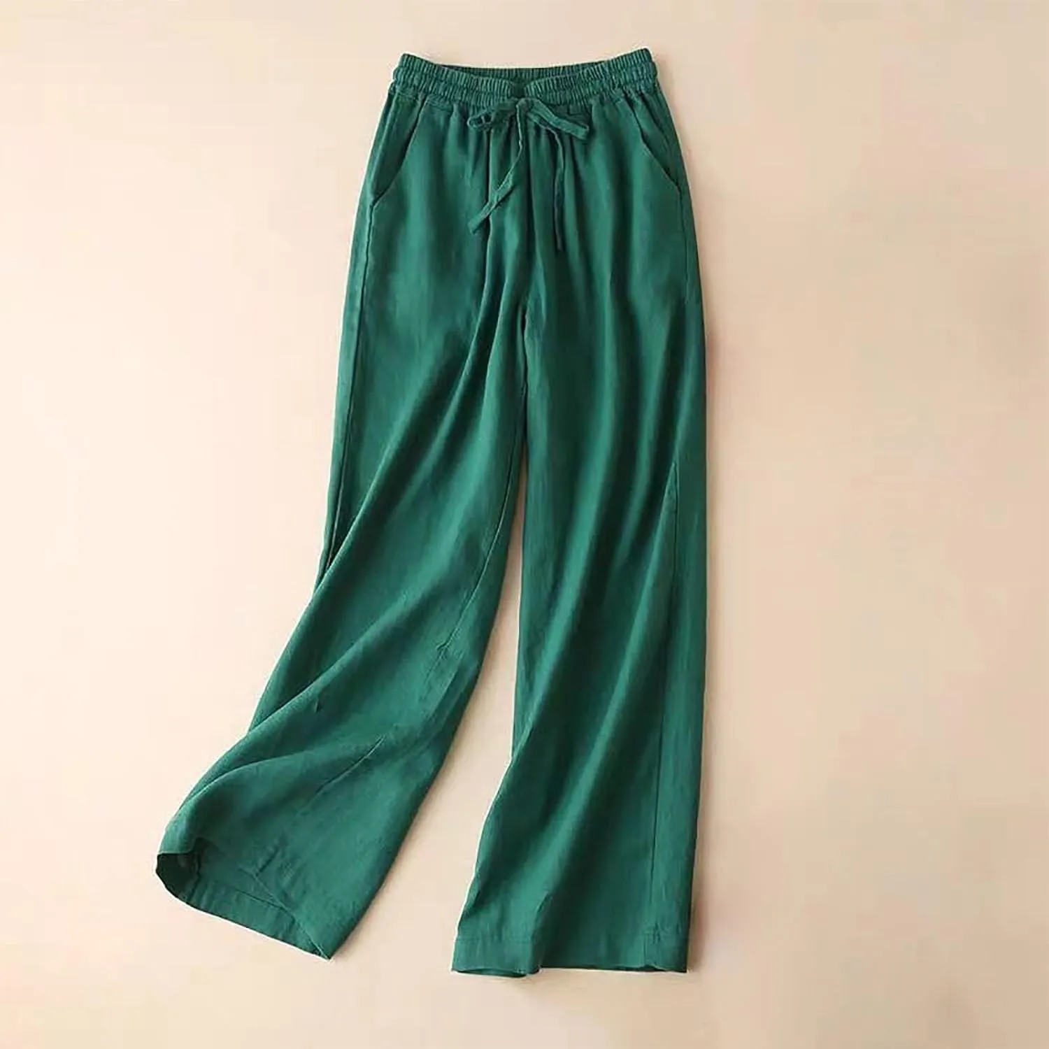 Wide Leg Linen Pants for Women Casual Drawstring Elastic Waisted Palazzo Pants Flowy Summer Beach Trousers with Pockets