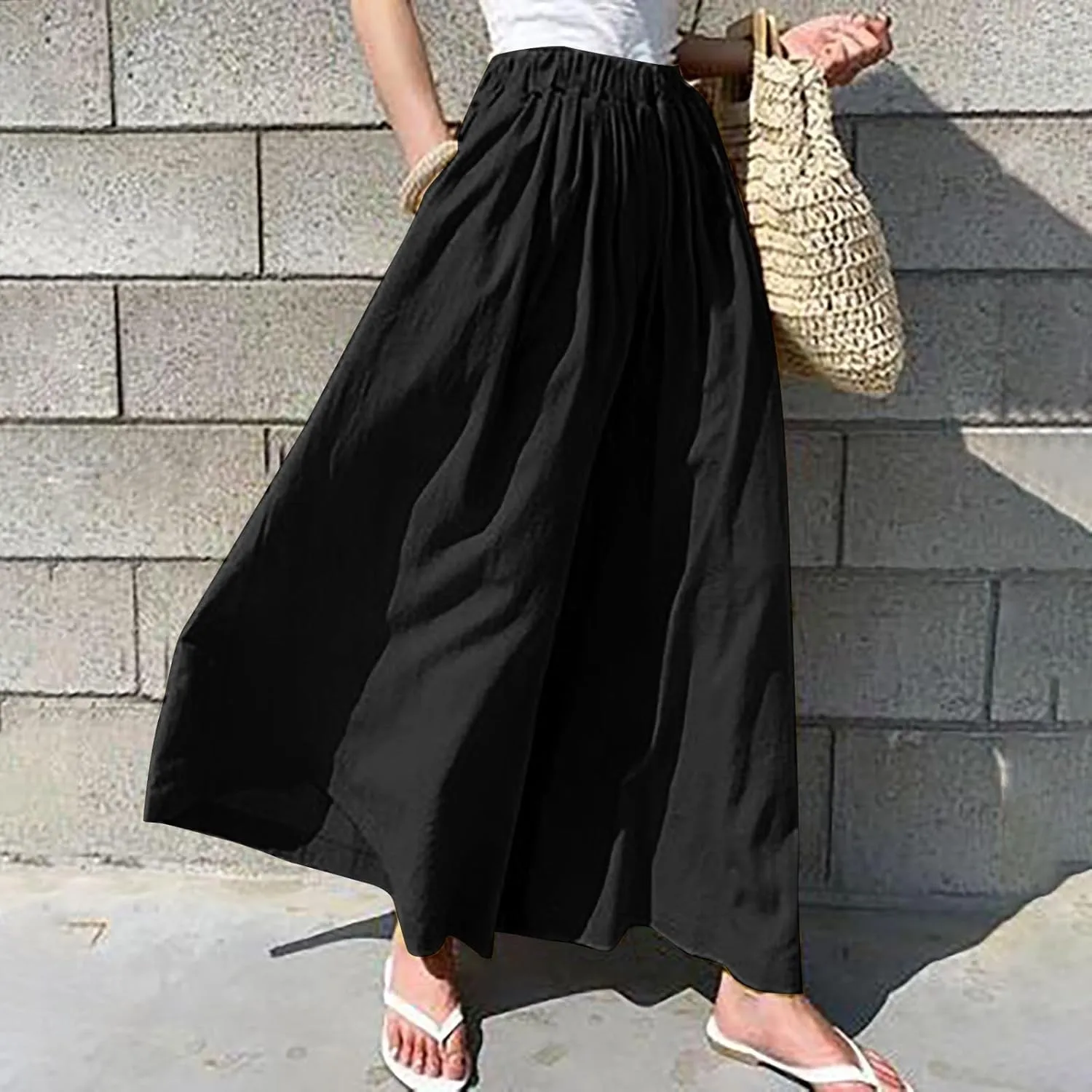 Wide Leg Linen Pants for Women Summer Elastic Waist Palazzo Trousers Pant Casual Flowy Beach Trousers with Pockets