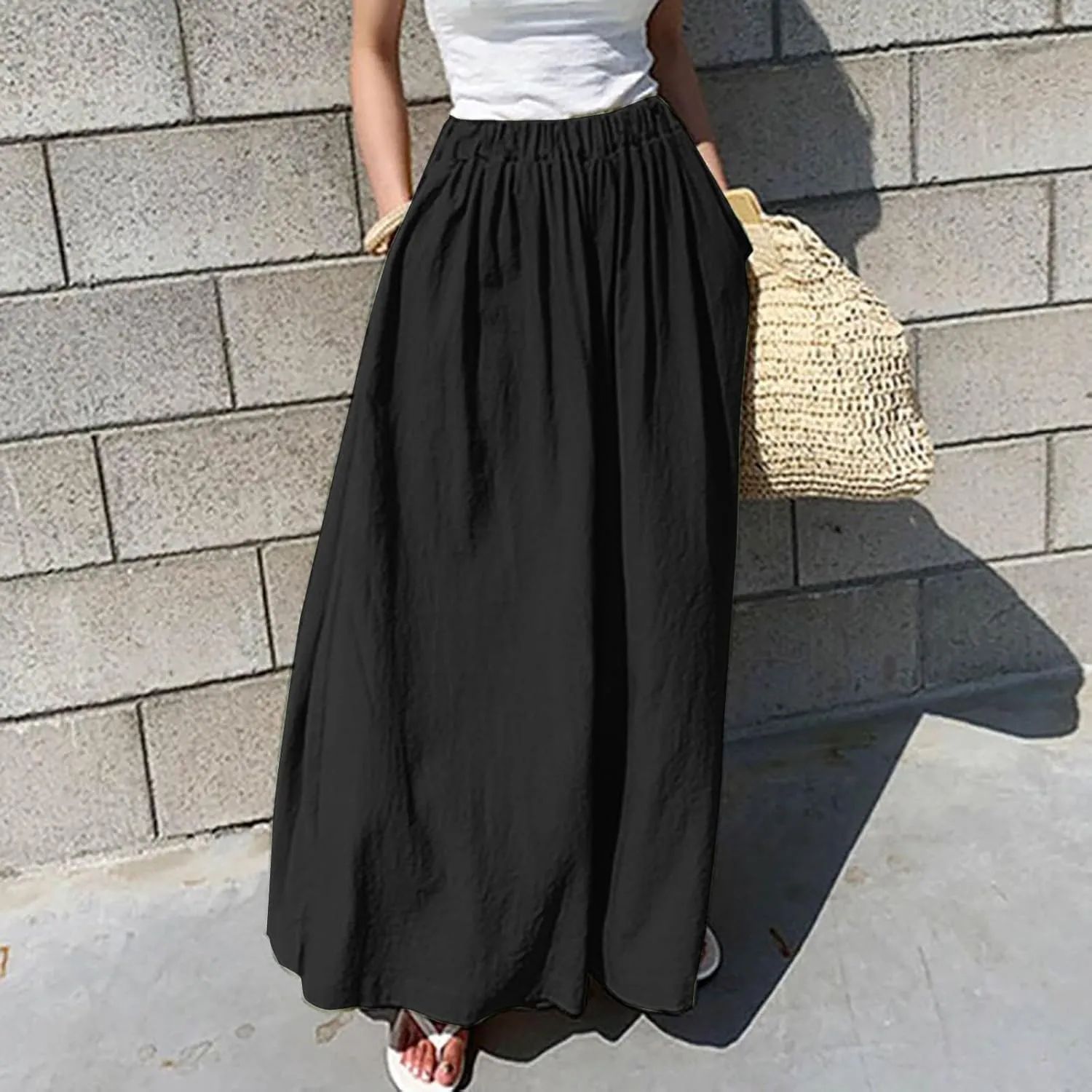 Wide Leg Linen Pants for Women Summer Elastic Waist Palazzo Trousers Pant Casual Flowy Beach Trousers with Pockets